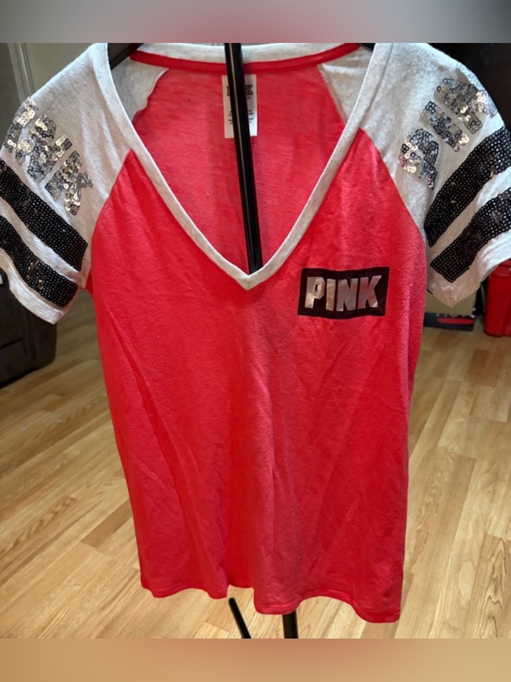 Victoria's Secret PINK Bright Pink Tee with Gray Sleeves and Sequins | Large